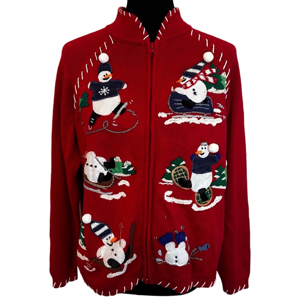 90s Christmas Sweater Snowman Small Vintage Skis Zip Cardigan Red Cotton Blend